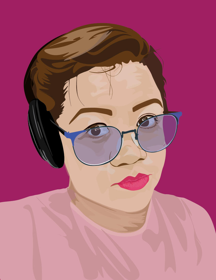 digital illustration of a short-haired Asian woman in blue glasses and over-the-ear headphones.