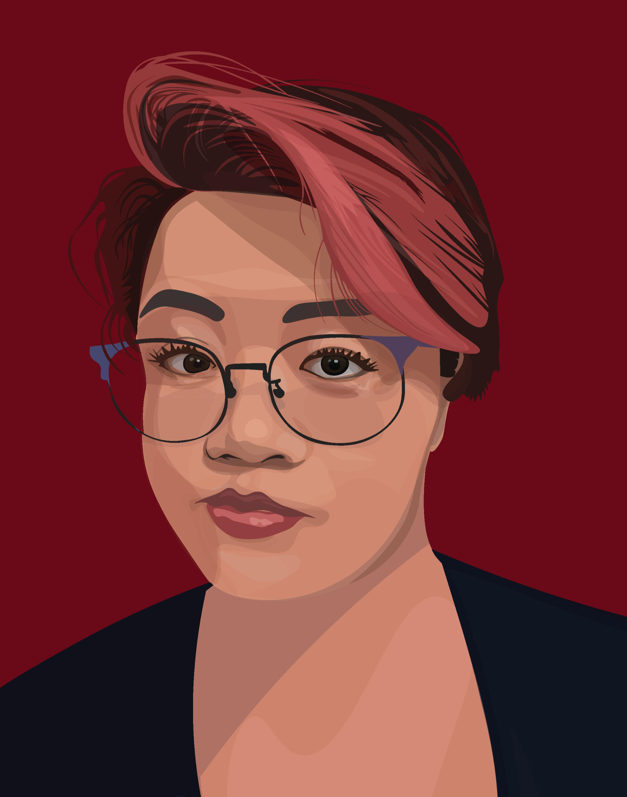 digital illustration of a short-haired Asian woman in blue glasses and over-the-ear headphones.